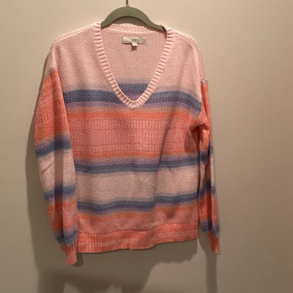 LOFT Pink, Orange & Blue Striped V-Neck Sweater